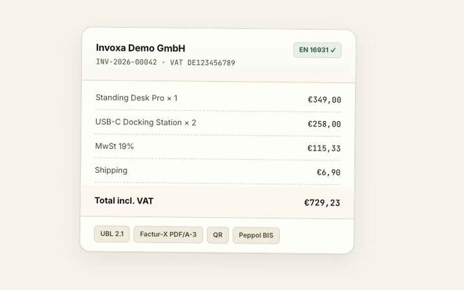 An invoice the plugin produced, marked EN 16931, with line items, VAT, total, and the structured formats it can also emit — UBL 2.1, Factur-X PDF/A-3, QR and Peppol BIS.