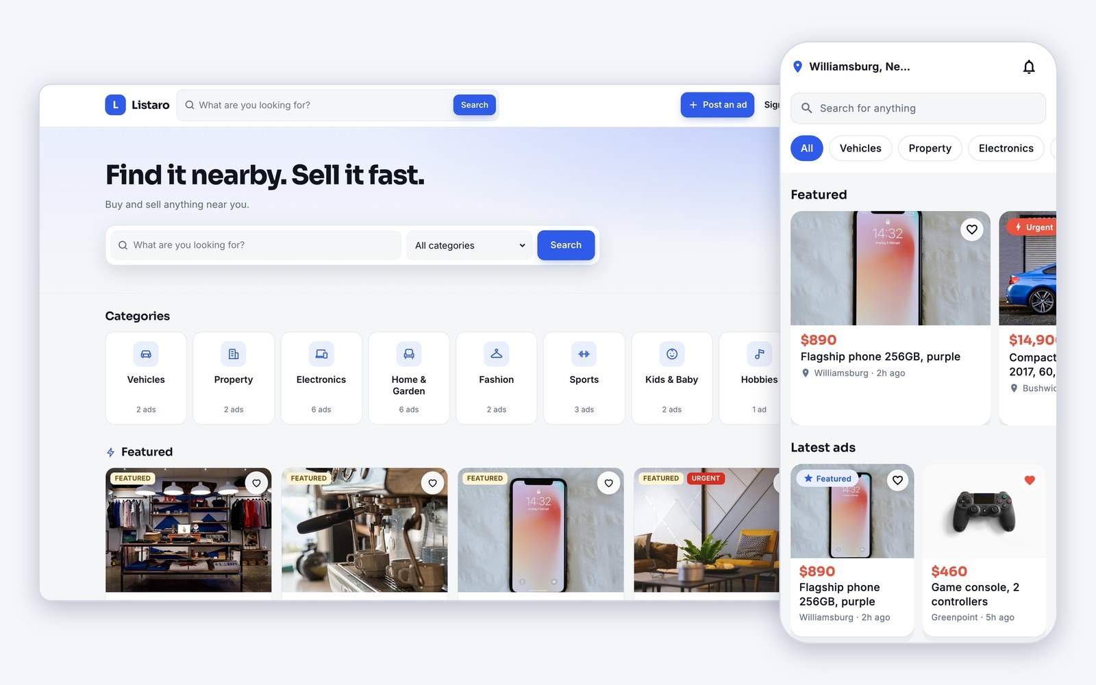 The Listaro marketplace website home page — search, category tiles and featured ads — beside the Flutter app's home feed on a phone.